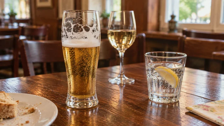 Frisch gezapftes Bier, Weißwein und Wasser im Paddenwirt