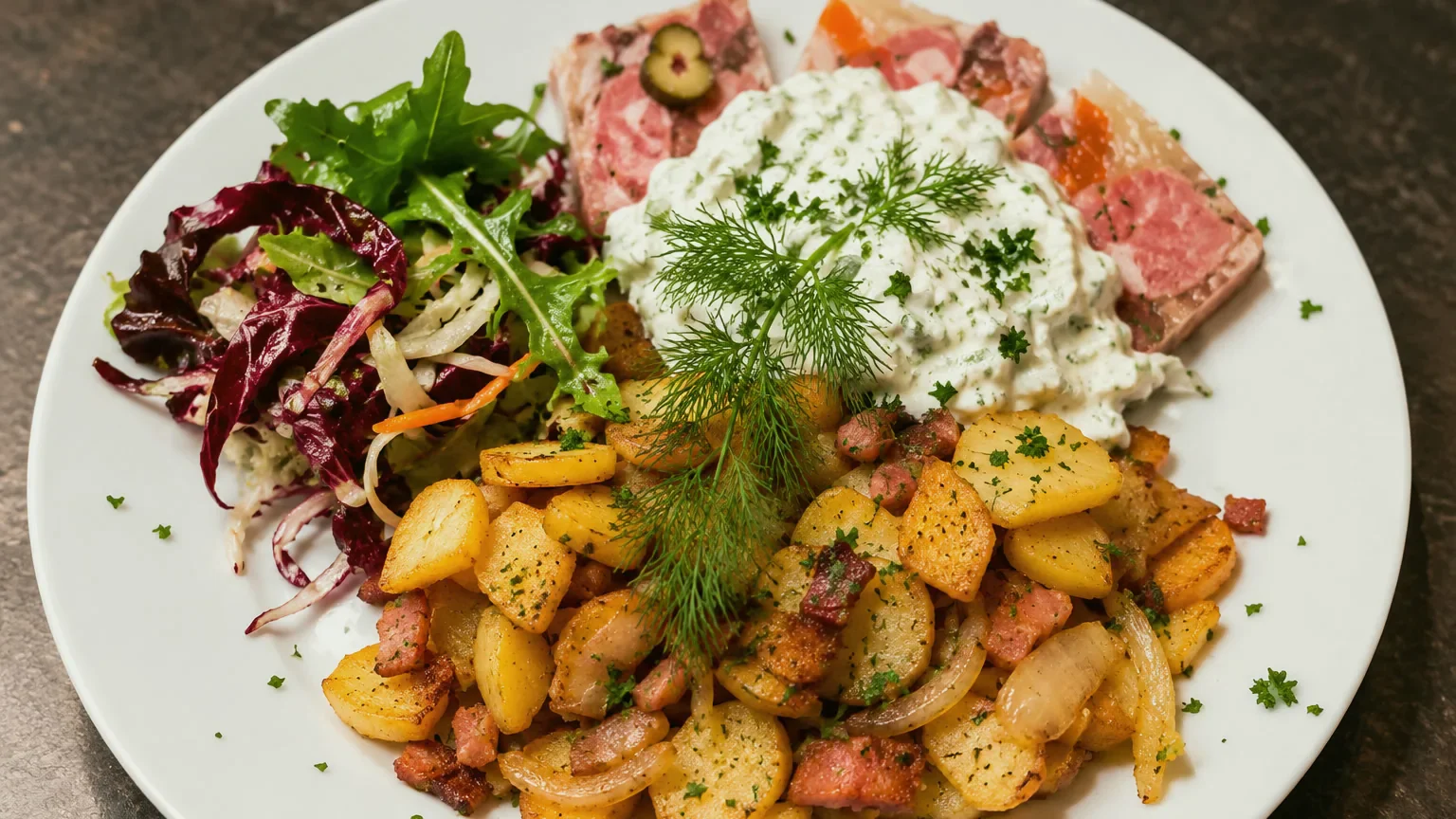 Hausgemachte Sülze mit Bratkartoffeln und Kräutersoße im Paddenwirt